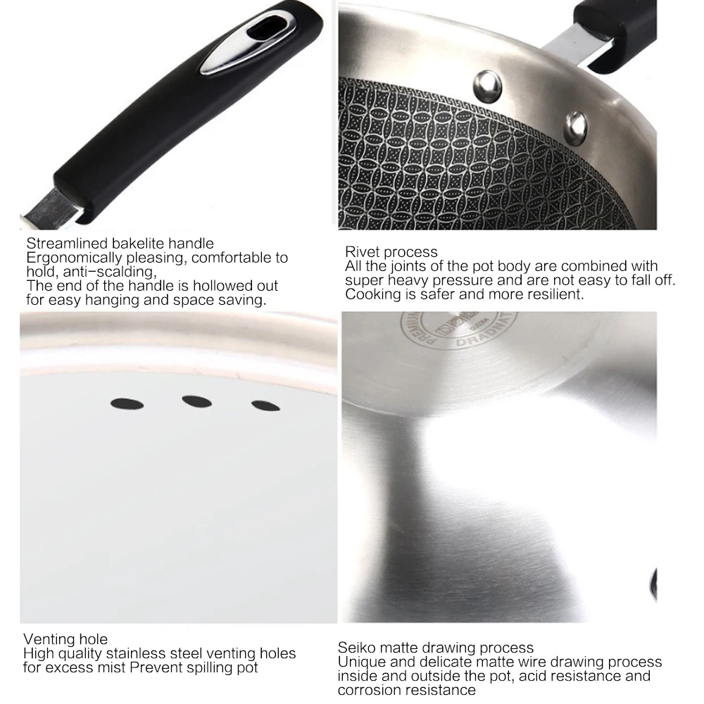 Honeycomb Non-Stick Wok Spatula 34cm Smokeless Wok Cookware Frying Pan 304 Stainless Steel Non-Slip Fried Egg Pot Cooking