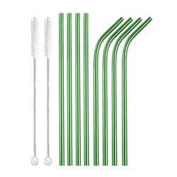 Eco-Friendly Reusable Stainless Steel Drinking Straws Set with Cleaner Brushes (8Pcs Green C)