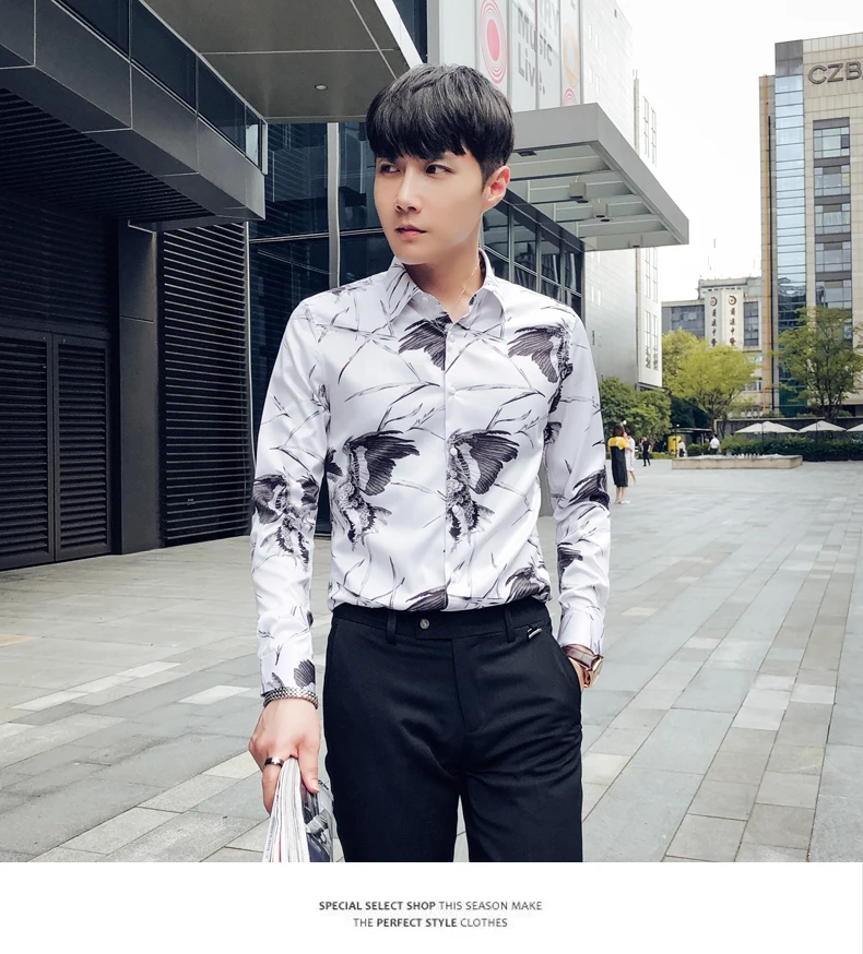 2019 с цветочным принтом рубашка Для мужчин Slim Fit повседневные рубашки с длинными рукавами Для мужчин s, для ночного клуба, уличная мода