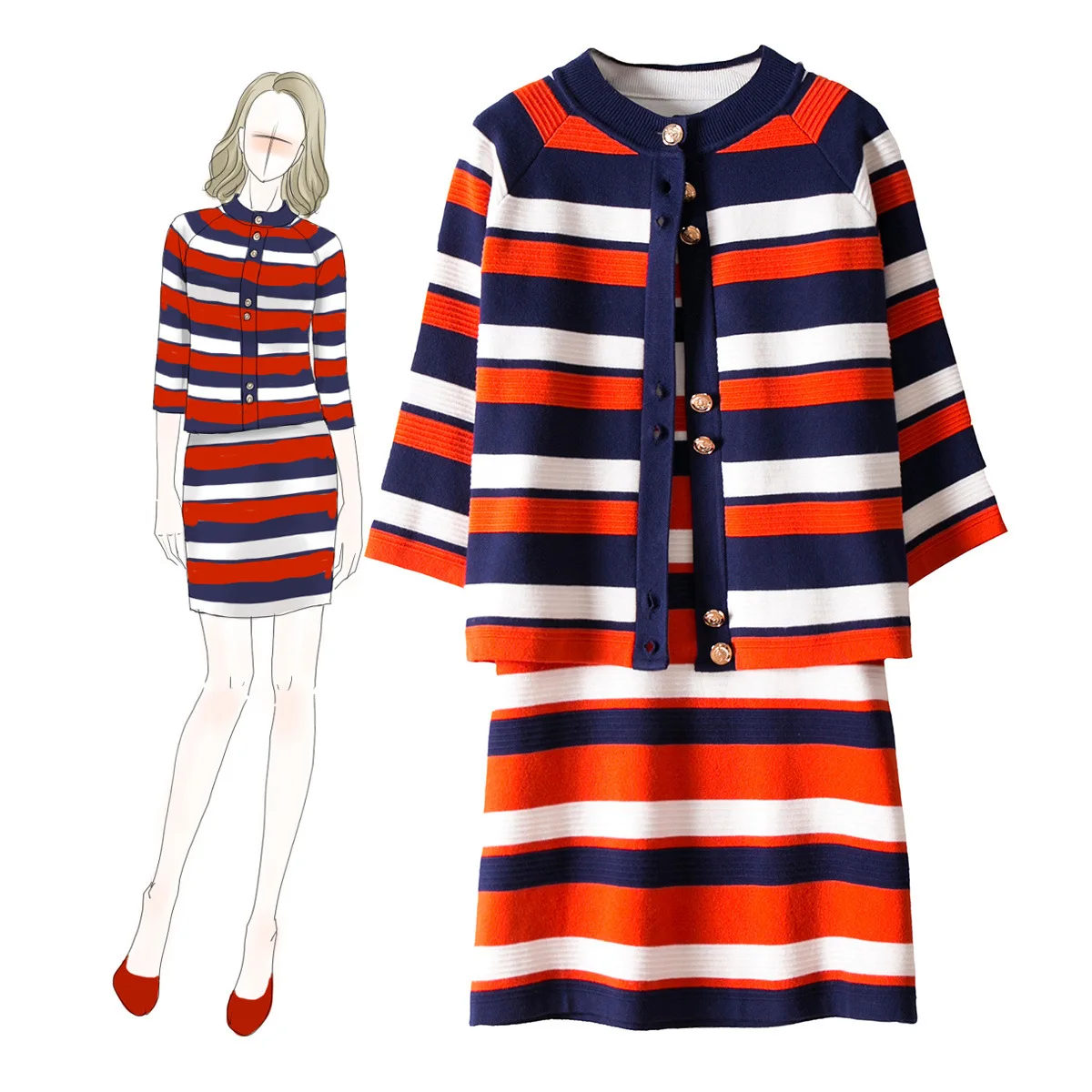 

Europe Style Autumn Winter Casual Elegant Two Piece Set Contrast Knitted Cardigan and Tank Sweater Dresses Ladies 2 Piece Set