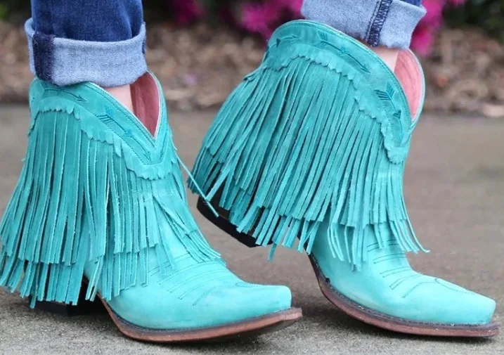 2021 mujeres Mid-calf de tacón bajo Bohemia de la motocicleta Botas con flecos Botas de vaquero zapatos de primavera y otoño de las mujeres Botas Martin Boots Mujer