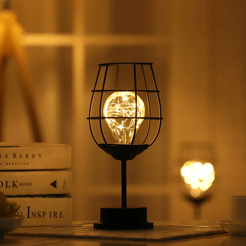Iron Wine Bottle Wire Table Lamp Night Light Retro Art Creative Hotel Home Decor 
