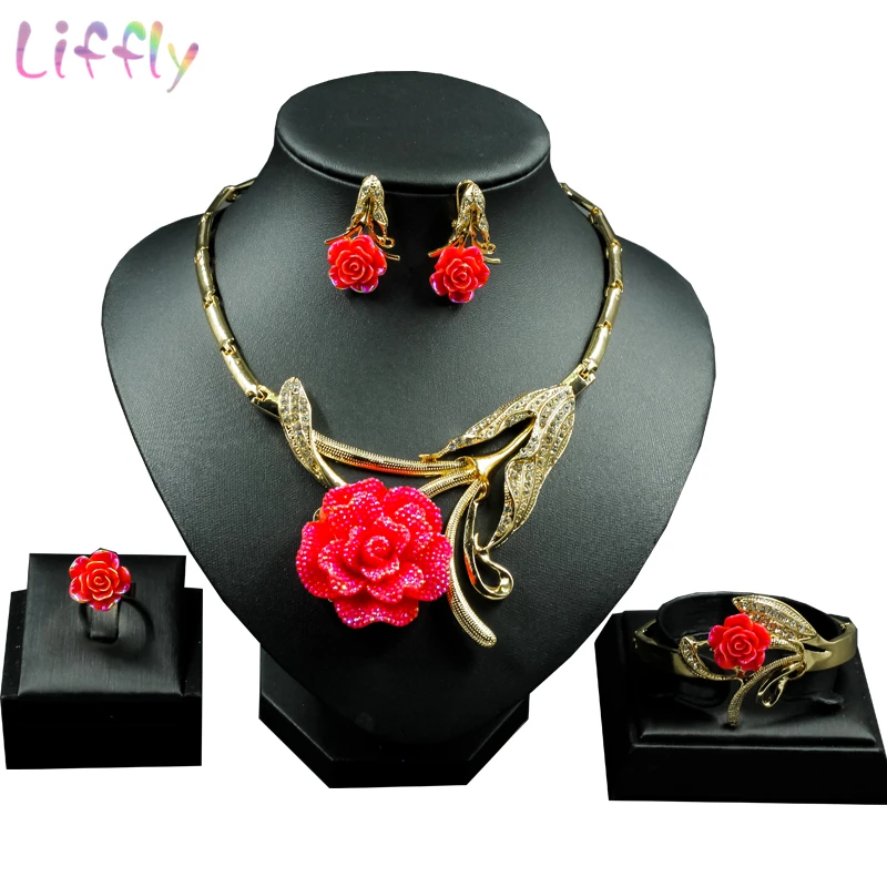 

Hot Fashion Italy Dubai Red Yellow Rose Pendant Necklace Earrings Ring Luxury Women Crystal Jewelry Sets Charm Bridal Accessory