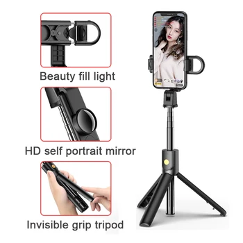 

Multifunction Bluetooth wireless Selfie Stick Tripod Foldable & Monopods & Fill Light & Back Mirror Universal For Smartphones