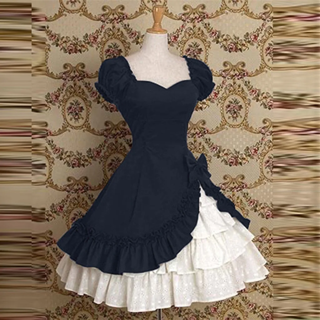 Платье Лолиты женское средневековое винтажное платье готическое вечернее платье многослойная юбка кружевное платье d91024 - Цвет: dark blue
