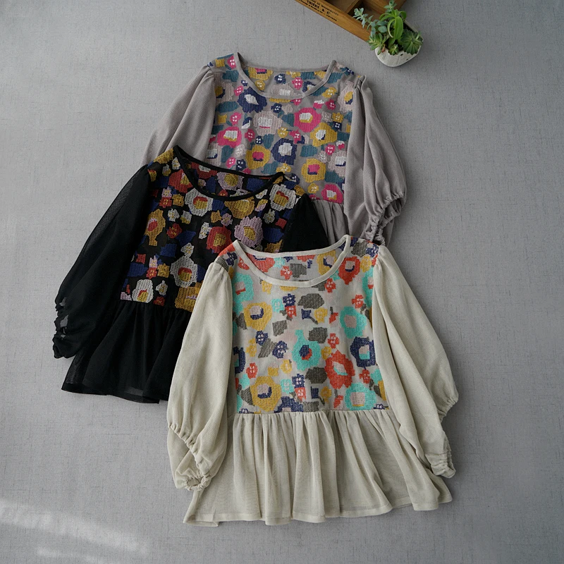 

Summer Women Loose Plus Size Colorful Cross Stitch Embroidery Japanese Style Mori Girls Mesh Pullover Shirts/Blouses 3 Colors
