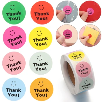 

500Pcs/Roll Smiley Thank You Sealing Tag Labels Scrapbooking For Gift Packaging Birthday Party Cute Stationery Kraft Sticker