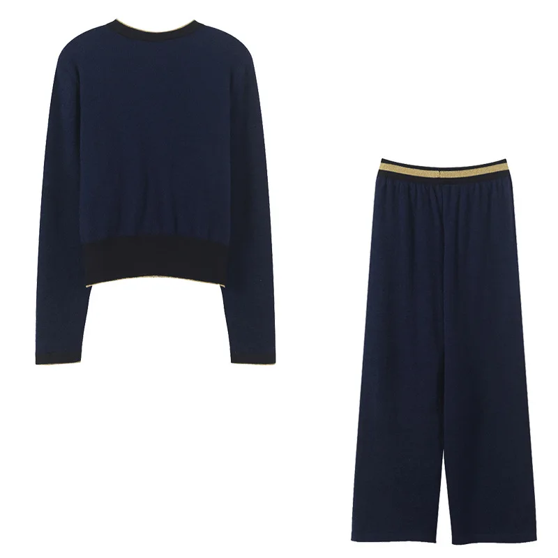 

2019 Autumn/winter New Round-neck Edgy Short Knitted Cardigans and High-waisted Phnom Penh Wide-legged Trouser Suit for Women