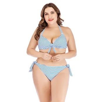 

2020 Big Code Swimsuit Printing Stripes Bikini Plus Fat Increase Code Swimsuit Big Size Fat