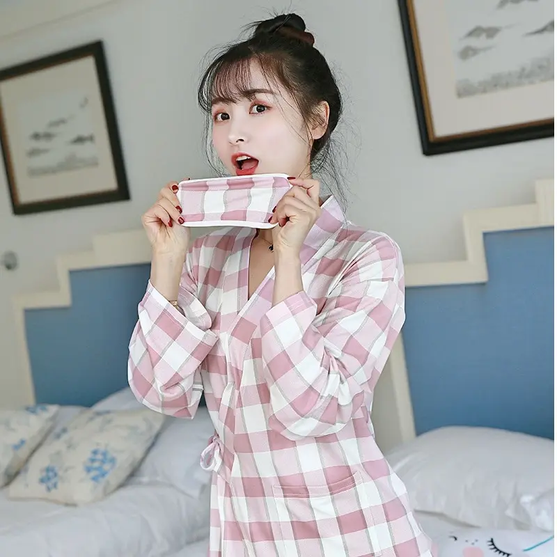 Casual Plaid Kimono Pajamas Sets for Women Spring Autumn Long Sleeve Pyjama Sleepwear Femme Homewear Pijama Mujer Lounge Clothes
