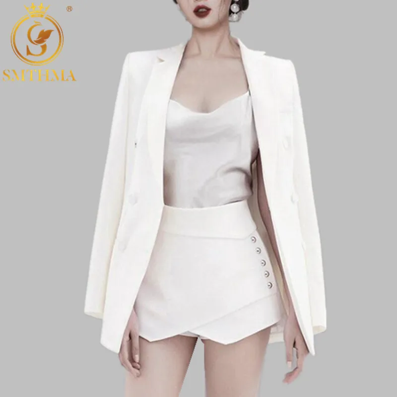 

SMTHMA Women Black White Long Sleeve Blazers Female Fashion Clothes +High Waist Button two piece Shorts Set