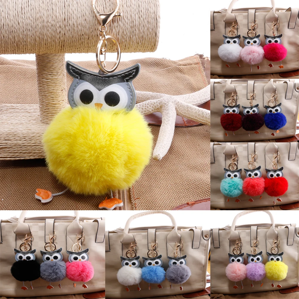 

Cute Pompom Owl Keychain pom pom Key Chain Rabbit Fur Ball pompon Fluffy Leather Key Ring accessories Jewelry Women Girl