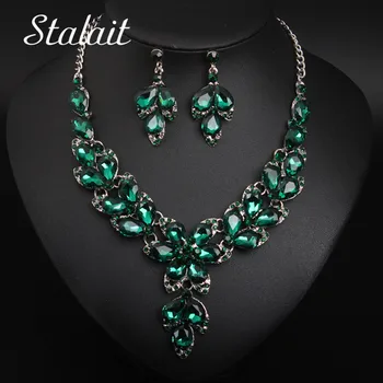 

Classic Water Drop Crystal Flower Necklace Earring Bridal Jewelry Sets Wedding Silver Color Spring Chain Necklace Sets For Women