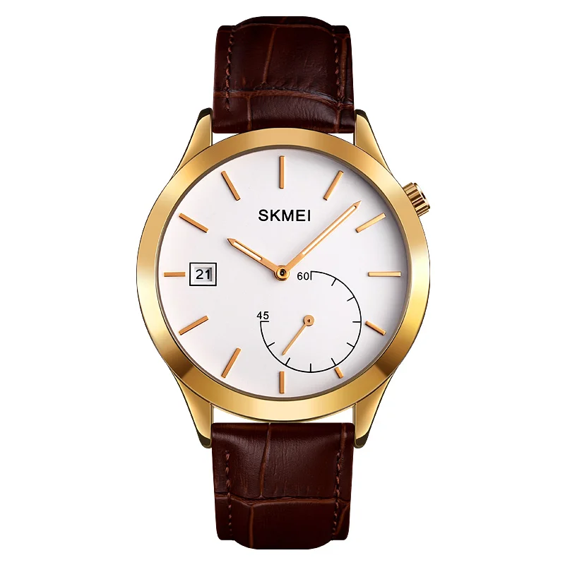 Gold Brown SKMEI Бизнес Мужские кварцевые часы водонепроницаемые часы для отдыха часы с календарем наручные часы кожаный/стальной ремешок Relogio Masculino 1581 человек - Цвет: Gold Brown
