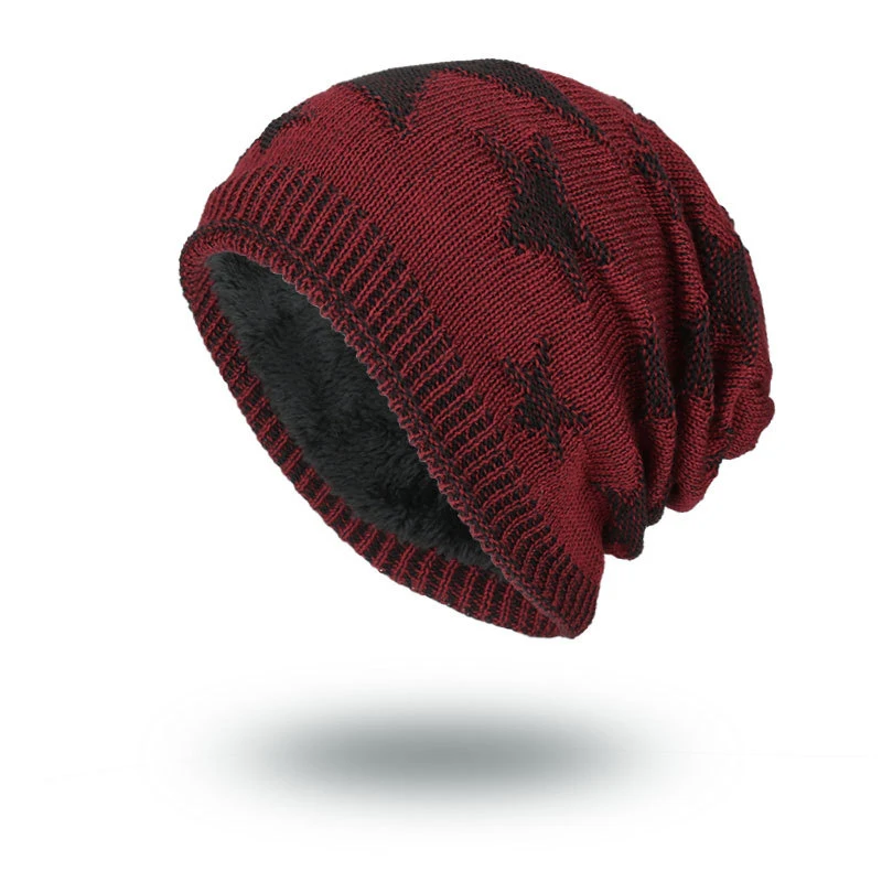 RoxCober зимняя вязаная шапка Skullies Beanies для мужчин женский шерстяной шарф шапка s Plus бархатная шапочка пентаграмма шапки теплые шапки - Цвет: Бургундия