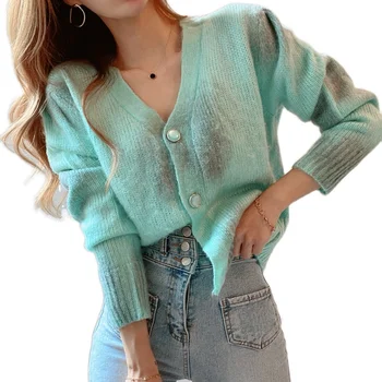

Chic Dye Casual Sweater For Women Korean V-neck Hit Color Long-sleeved Short Carigans Female Autumn Winter Fashion Clothes 2020