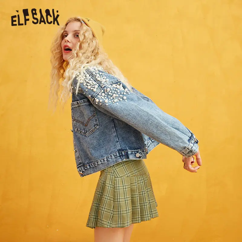 incredible ELFSACK Pearls Ornament Jacket Women Short Coat 2019 Autumn Back Button Breasted Korean Style Washe