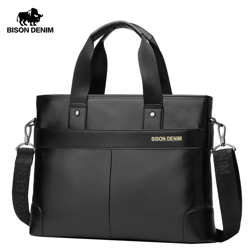 Bison Denim 100% Genuine Cowhide Leather 14'' Laptop Briefcase Men Messenger Bag Male Crossbody Sho