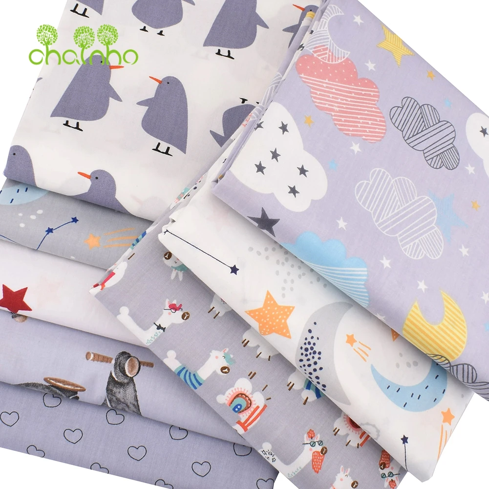 Chainho,Printed Twill Weave Cotton Fabric,DIY Sewing Quilting Material,Patchwork Cloth,8 Designs,2 Sizes,Gray Cartoon Series