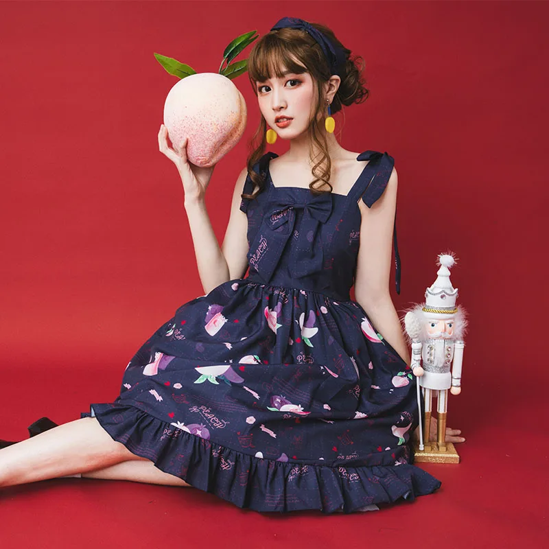 

Sweet princess lolita dress vintage falbala cute bowknot printing high waist victorian dress kawaii girl gothic lolita jsk loli