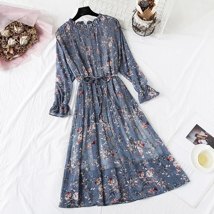 Vestido longo feminino, estampa floral plissado chiffon