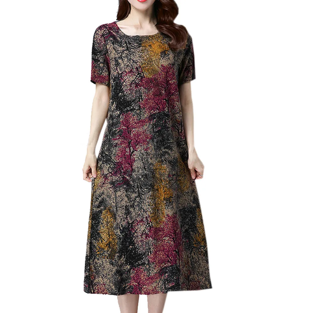 Женское винтажное платье из хлопка и льна свободное Повседневное с принтом