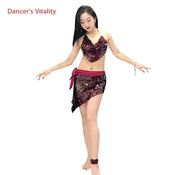 

Belly Dance Wear Women 2019 Sequin Bra+Hip Scarf with Underpants+Foot Ring 4pcs Set Performance Costume Beginner Practice Clothe