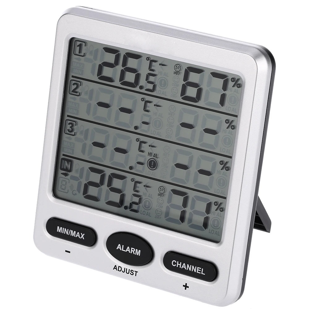 LCD Digital 433MHz Wireless 8-Channel Indoor/Outdoor Thermo-hygrometer with Three Remote Sensors Thermometer Hygrometer