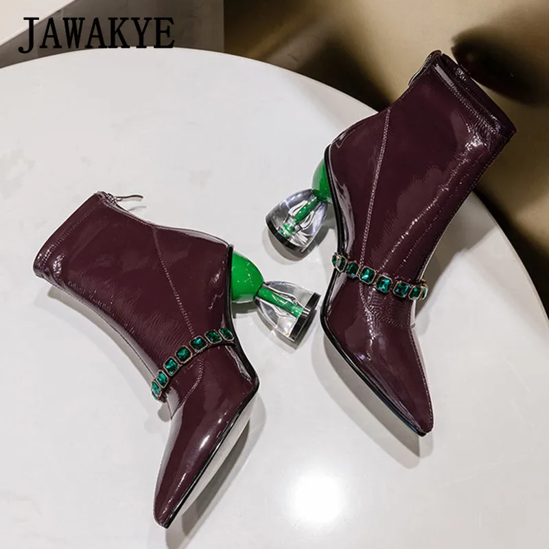 wine red Зеленый ремешок с драгоценными камнями, украшенные ботильоны женские полусапожки на высоком каблуке с острым носком Осенняя пикантная женская обувь для вечеринок - Цвет: wine red