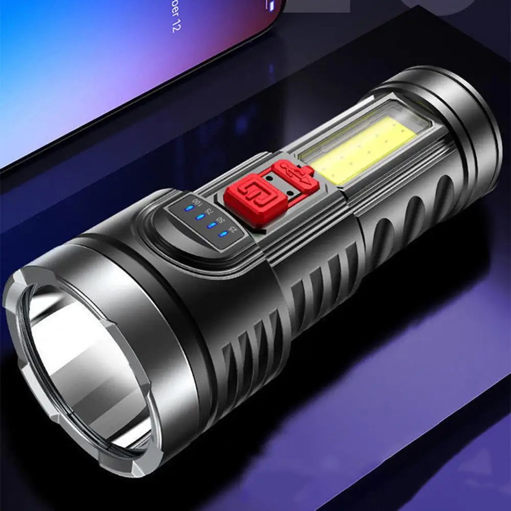 

4-Modes Long Throw LED Flashlight With Sidelight Portable USB Torch Hunting Fishing Lantern Spotlight Emergency Lamp