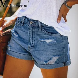 Moda feminina rasgado cintura alta rolado denim shorts buraco vintage verão casual bolso calças de brim curtas senhoras hotpants shorts 2022
