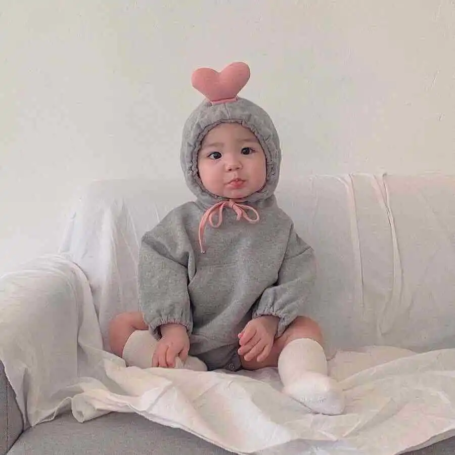 

ins Boy Girl Toddler Solid Love Heart Romper Hooded Winter Autumn New Fashion Kids Fashion Holiday Rompers