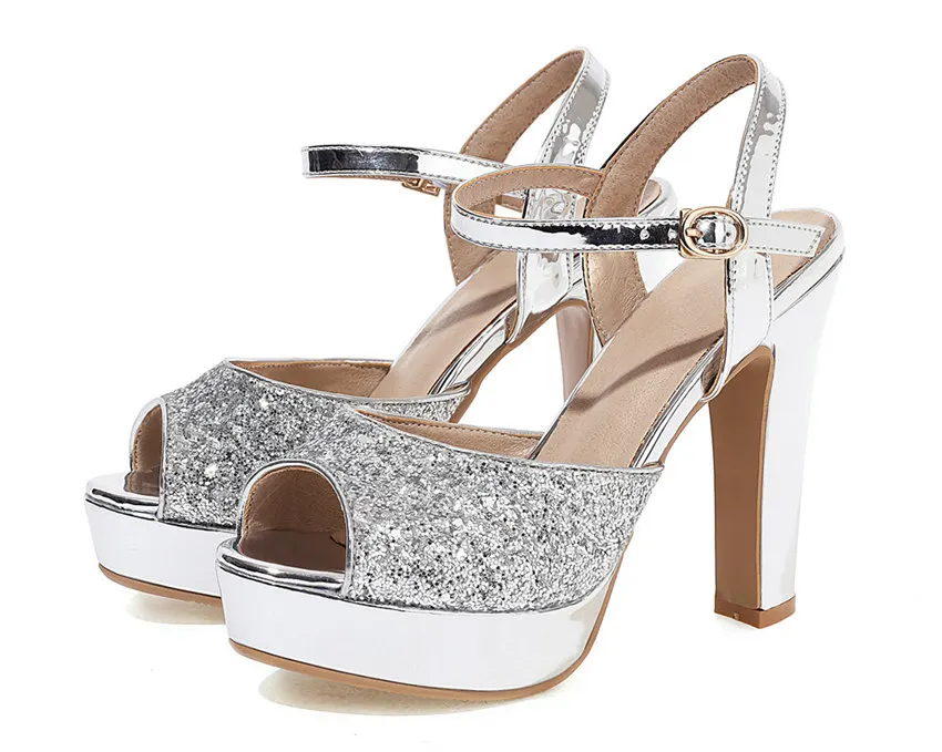 Elegant Silver Mirror PU Women Sandals Gold Sequined Cloth High Chunky Heel Wedding Party Office Lady Ankle Strap Platform Shoes