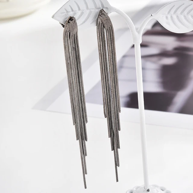 Vintage Gold Color Bar Long Thread Tassel Drop Earrings for Women Glossy Arc Geometric Korean Fashion Jewelry Hanging Pendientes Y8009 Gun