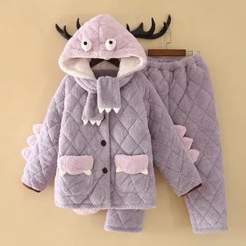 

Children Flannel 2PCS Sleepwear Winter New Pajamas Set Warm Thicken Sleep Set Coral Fleece Pyjamas Suit Cute Hooded Home Clothes