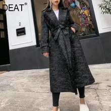 DEAT, новинка, Весенняя Длинная шерстяная куртка с отложным воротником и длинным рукавом, с кисточками, с высокой талией, с поясом, теплое пальто, WD60901M