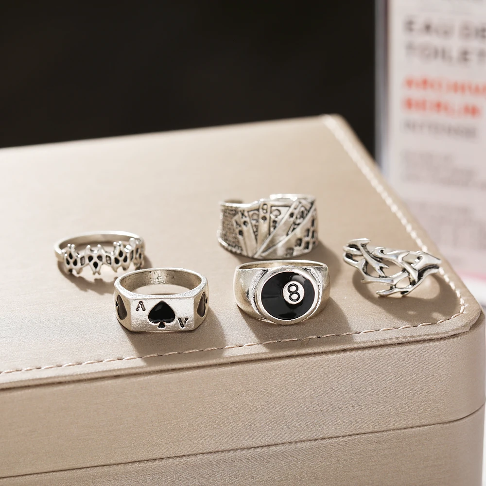 Punk Vintage Silver Color Poker Billiards Ring Set Women Gothic Heart Anillos Hip Hop Y2k Korean Fashion Male Gift Jewelry Ring Set Silver Ring Finger Ring