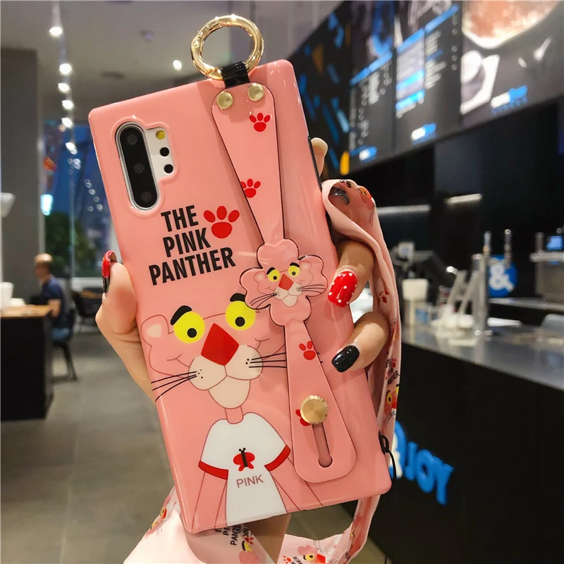 pink Чехол для samsung note 10, милый мультяшный чехол для Galaxy Note 10 plus, мягкая оболочка, Розовая пантера, браслет-держатель, подарки для девочек+ Шелковый ремешок - Цвет: pink