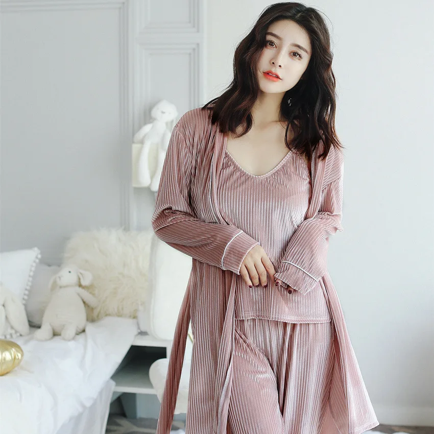 

YD #-Solid Color High Quality Korean-style Sweet Gold Velvet Long Sleeve Pajamas Tracksuit Three-piece Set