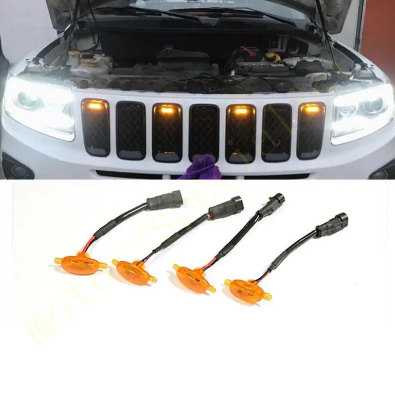 

LED Car Front Grille LED Amber Light Raptor Style Light Kit Decor W/ Wire Speed 4Pcs For Jeep Grand Cherokee 2003-2016