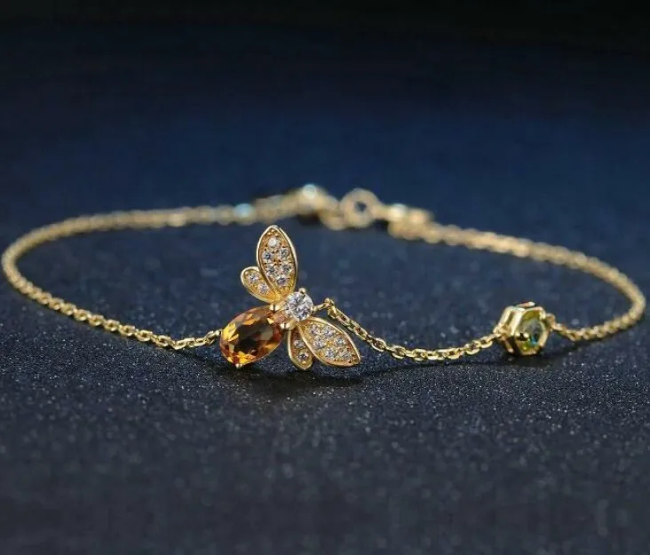 925 Silver Natural Yellow Crystal Bee Bracelet