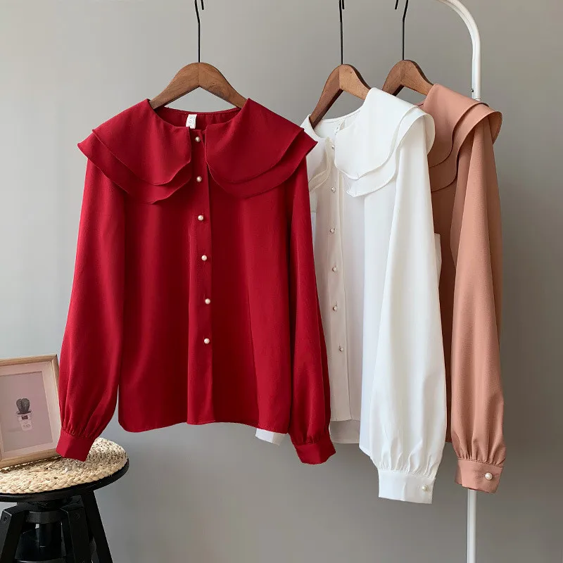 

Ruffled Neck Women's blouse Shirts 2019 Autumn Red Solid Elegant Blouse Ladies Tops pearl Buttons Female White Blouse Y0291