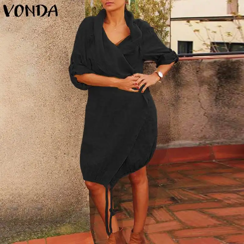 Однотонное платье для беременных с длинным рукавом, VONDA, женское винтажное повседневное хлопковое платье средней длины, богемные вечерние платья, женский сарафан