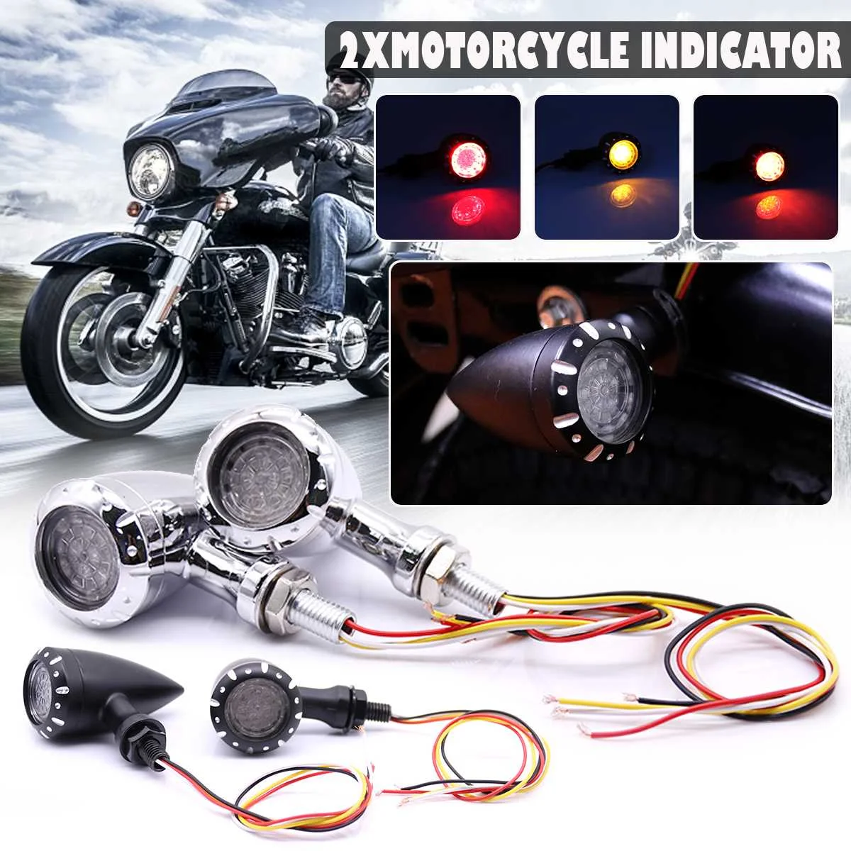 

Pair Universal Motorcycle Turn Signal Indicators Stop Light Signal Lamp Blinker red & yellow for Harley for Honda for Yamaha