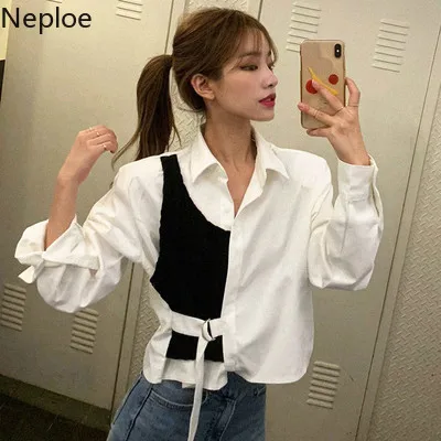 

Neploe Fake Two Pieces Women Blouse Knitted Patchwork Long Sleeve Shirt 2020 Autumn Korean Vintage Blusas Fashion Tops 56046