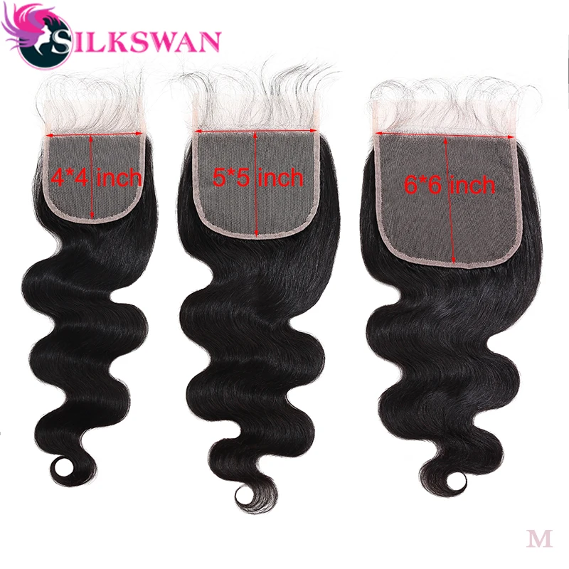 

Silkswan Hair Body Wave 4*4 5*5 6*6 Lace Closure Swiss Lace Pre plucked Baby Hair Brazilian Human Remy Hair 8-20 Inch Free Part