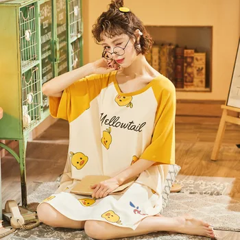 

Foply Short Sleeves Mini Nightdress Female Summer Cartoon Print Cotton Women Loose Size Ladies Lingerie Dressing Gowns for Women