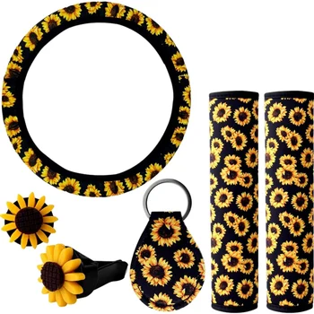 

6Pcs Steering Wheel Cover with Sunflower Steering Wheel Cover Sunflowers Keyring Car Vent and Seat Belt Cover Car