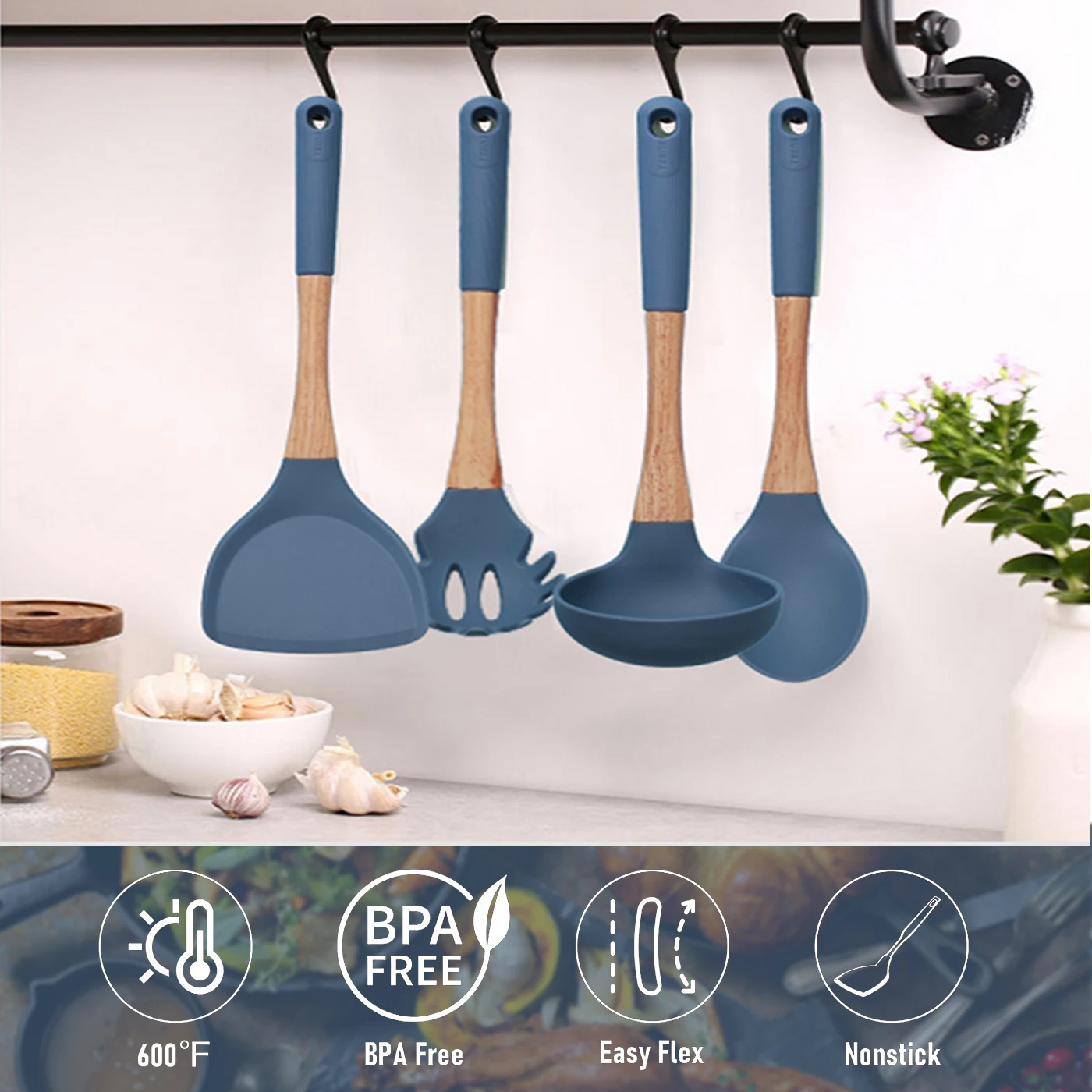 Kitchen Cooking Utensils Set Silicone Wooden Handle Spatula Flex Turner Spoon Ladle Pasta Fork Non-stick Cookware