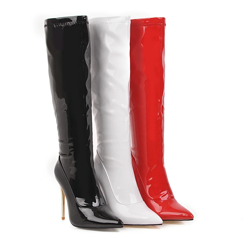 Black Red White Patent Leather Sexy Knee High Boots Super Heel Women's Tall Boots Pointy Toe Winter Dress Boots Side Zipper